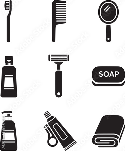 A set of nine black silhouette icons representing personal hygiene bathroom essentials and daily grooming tools
