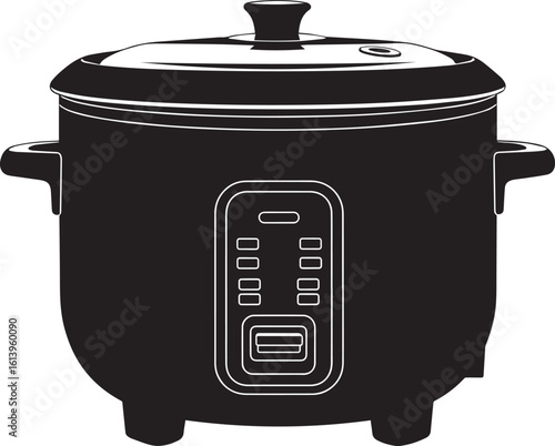 Black silhouette of a modern electric rice cooker with a digital control panel depicted in a clean vector style