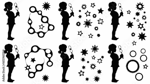 Silhouette of girls blowing bubbles surrounded by stars and connected circles in a black and white image