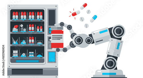 Automated pharmacy dispensing system with robotic arm handling medication pills and capsules