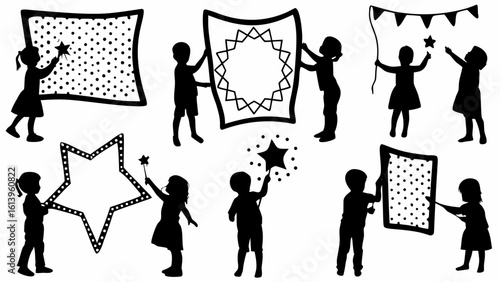 Silhouettes of children holding stars banners and a star frame in a playful and whimsical arrangement
