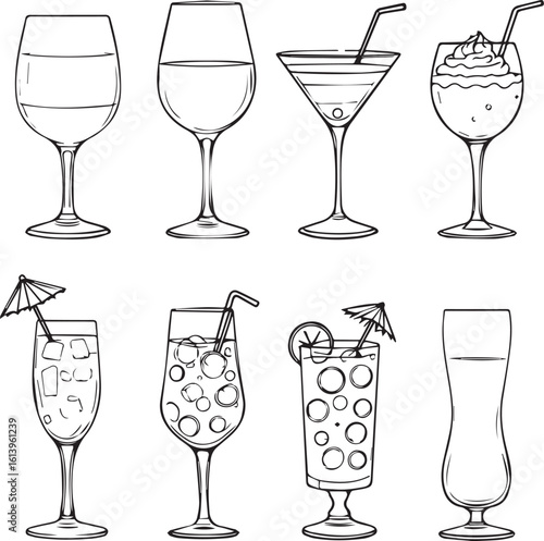 Cocktail and beverage glass vector set—martini, wine, dessert, umbrella drinks in black silhouette grid