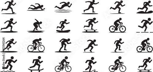 People running cycling skateboarding swimming surfing