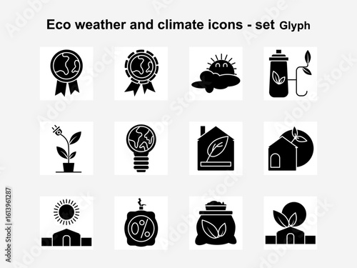 A bold glyph-style eco weather icon set featuring climate and nature symbols. Ideal for apps, dashboards, environmental content, and modern sustainability presentations.