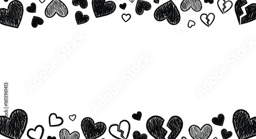 Broken heart doodle art seamless pattern for valentine's day and expressions of sadness and loss featuring hand drawn hearts with textured scribbles and cracks
