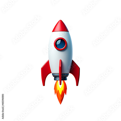 Red and White Cartoon Rocket Launching Against Black Background