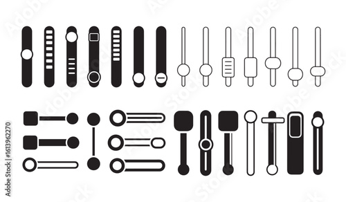 Audio Equalizer Sliders, A collection of  black and white vector icons representing various designs of equalizer and volume sliders, in solid and outline styles