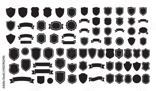 Shield & Banner Mega Pack, An extensive collection of  black silhouette vector icons featuring diverse shield shapes and customizable ribbon banners