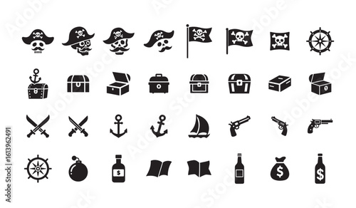 Pirate Adventure Icons, A comprehensive set of  black silhouette vector icons featuring pirate characters, flags, treasure, weapons, and nautical elements