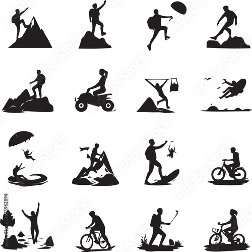 Outdoor adventure activity icons—paragliding, climbing, kayaking, surfing, ATV, hiking, running, and more