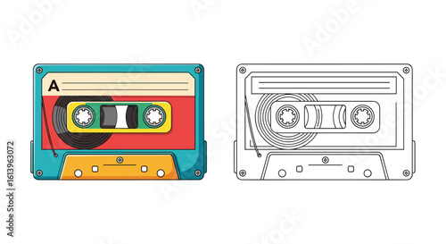 Colorful vintage cassette tape with analog audio recording technology nostalgia