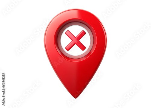 Red location pin with a red cross symbol inside on black background