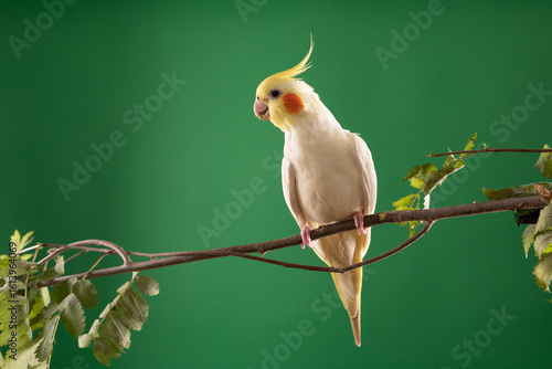 Cockatiel yellow bird on a branch, isolated on green background