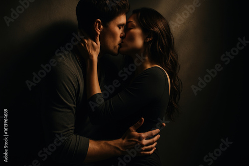 Passionate couple sharing a deep kiss in dramatic lighting, expressing love, desire, intimacy, and emotional connection in a sensual moment.
