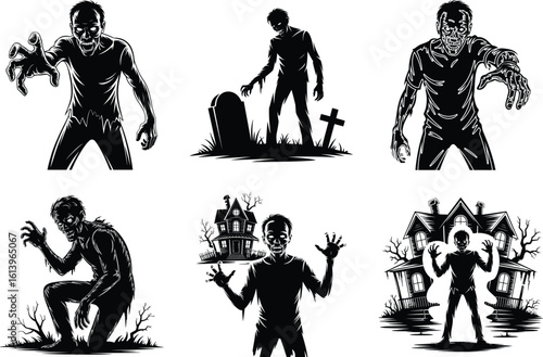A set of zombie silhouettes, isolated on a white background. Walking Dead Halloween Scary Zombie SVG.