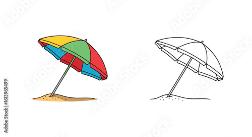 A colorful beach umbrella standing firmly in the sand providing shade on a sunny day