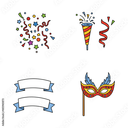 Celebration and Party Elements with Confetti Banners Mask and Party Popper