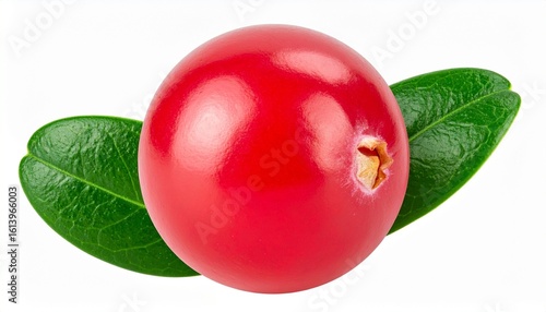 A single glossy red berry with a star-shaped indentation sits beside a smooth green leaf, both sharply contrasted against a stark white background. The simplicity highlights vibrancy, purity, and orga