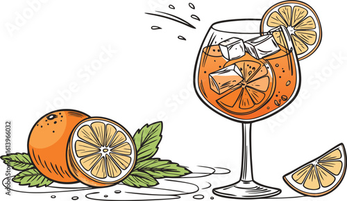 Vibrant orange aperol spritz cocktail with ice cubes against an isolated transparent setting. a detailed vector illustration of a refreshing cocktail in a large stemmed glass.