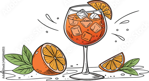 Vibrant orange aperol spritz cocktail with ice cubes against an isolated transparent setting. a detailed vector illustration of a refreshing cocktail in a large stemmed glass.