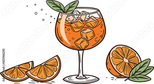 Vibrant orange aperol spritz cocktail with ice cubes against an isolated transparent setting. a detailed vector illustration of a refreshing cocktail in a large stemmed glass.