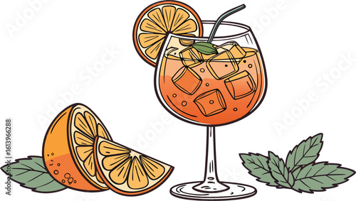 Vibrant orange aperol spritz cocktail with ice cubes against an isolated transparent setting. a detailed vector illustration of a refreshing cocktail in a large stemmed glass.