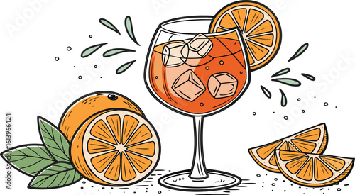 Vibrant orange aperol spritz cocktail with ice cubes against an isolated transparent setting. a detailed vector illustration of a refreshing cocktail in a large stemmed glass.