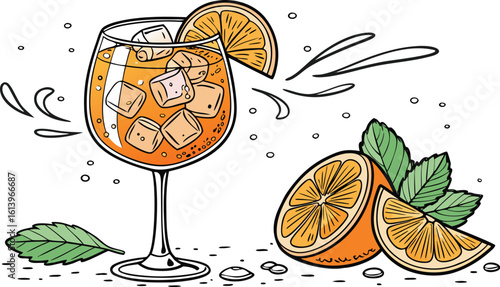 Vibrant orange aperol spritz cocktail with ice cubes against an isolated transparent setting. a detailed vector illustration of a refreshing cocktail in a large stemmed glass.