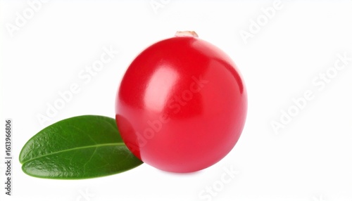 A single glossy red berry with a star-shaped indentation sits beside a smooth green leaf, both sharply contrasted against a stark white background. The simplicity highlights vibrancy, purity, and orga