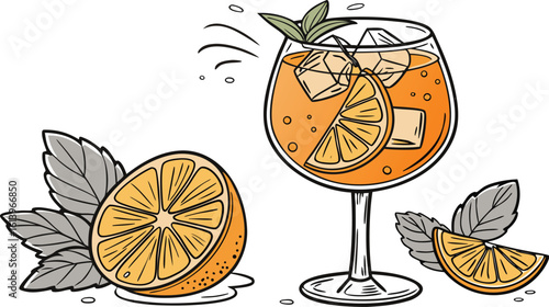 Vibrant orange aperol spritz cocktail with ice cubes against an isolated transparent setting. a detailed vector illustration of a refreshing cocktail in a large stemmed glass.
