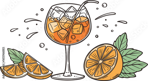 Vibrant orange aperol spritz cocktail with ice cubes against an isolated transparent setting. a detailed vector illustration of a refreshing cocktail in a large stemmed glass.