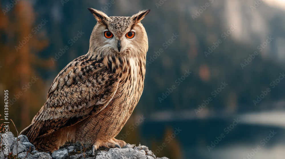 Obraz premium Majestic Owl with Tawny Plumage in Serene Forest by Glacial Lake Landscape