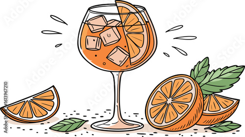 Vibrant orange aperol spritz cocktail with ice cubes against an isolated transparent setting. a detailed vector illustration of a refreshing cocktail in a large stemmed glass.