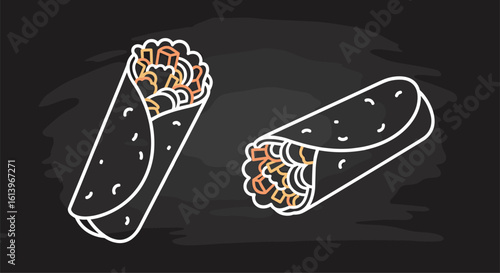 Delicious burritos filled with seasoned meat and fresh vegetables on a dark textured background