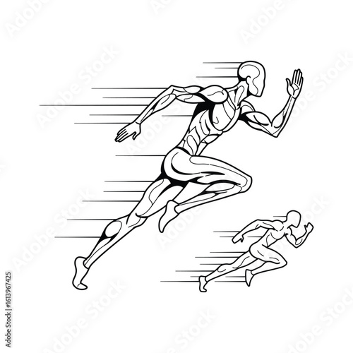 Stylized illustration of two runners in motion with speed lines in black and white