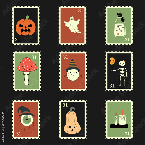 Postage stamps for Hallowe'en letters. Stamps with ghost, mushroom, pumpkin, ghost, poison Vector illustration Vector sticker set