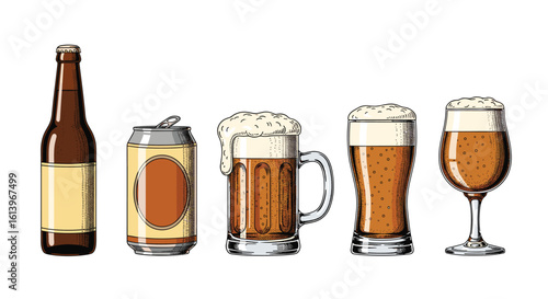 A collection of refreshing alcoholic beverages featuring beer bottles cans and various beer glasses filled with frothy amber liquid