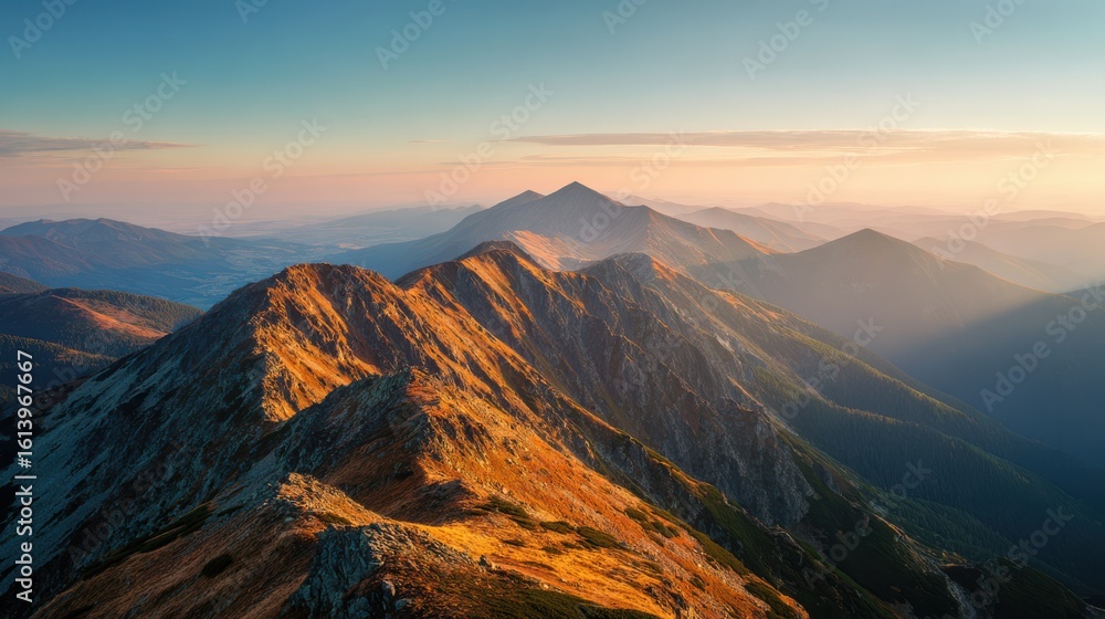 Obraz premium Golden mountain peaks at sunrise mountains ridges