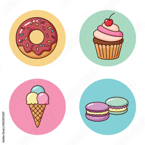 Colorful Cartoon Dessert Icons Donut Cupcake Ice Cream and Macarons