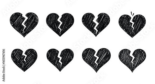 Collection of distressed broken heart illustrations symbolizing sadness grief and heartbreak in various artistic styles