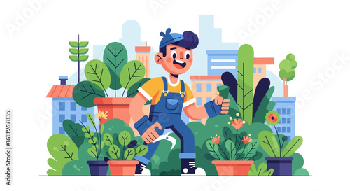 gardener watering plants in garden