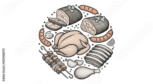A circular arrangement of delicious meats and poultry including roast chicken sausages and cuts of beef