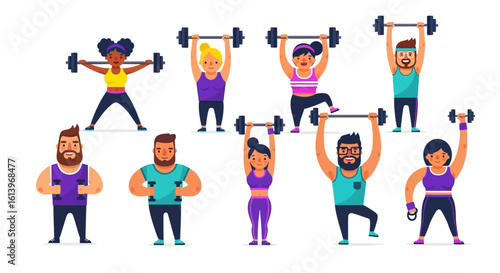 Diverse group of people engaged in various weightlifting exercises, showcasing different poses and body types.