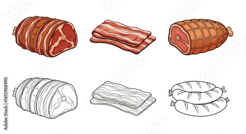 Collection of different meat cuts including bacon roast beef pork tenderloin and ham ready for cooking and grilling enjoying delicious food and family meals