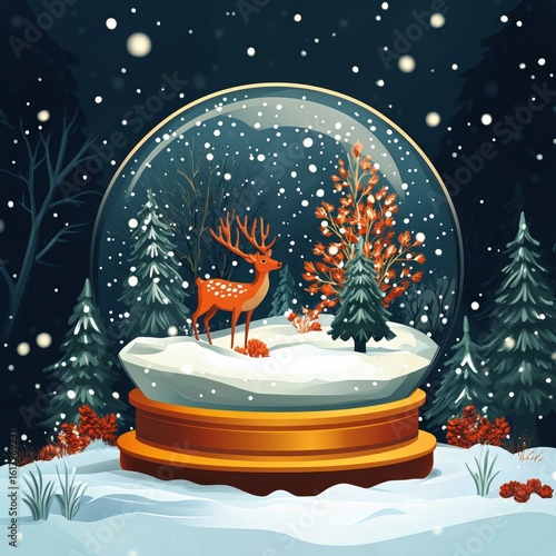 Winter Wonderland Snow Globe With Deer and Trees in a Snowy Forest Setting