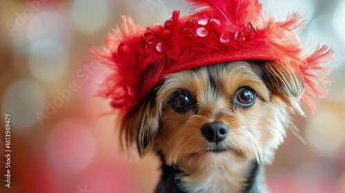 Chihuahua Wearing a Fluffy Red Hat in a Festive Setting With Bright Colors an...