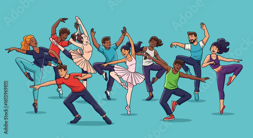 A diverse group of people in various dance poses, including ballet and modern dance, against a blue background.