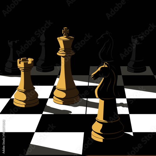 Chess board with dramatic lighting in flat vector style, strategy concept, notebook cover