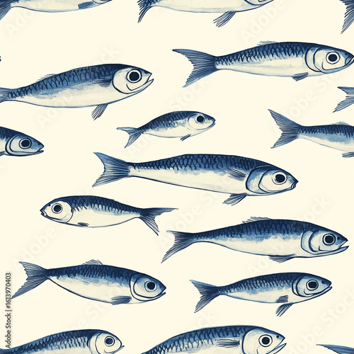 Decorative Pattern Featuring Various Fish in Shades of Blue Against a Light B...