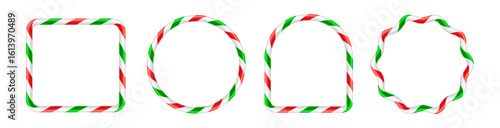 Set of different xmas cane candy frames. Realistic green and red cane border vector frames